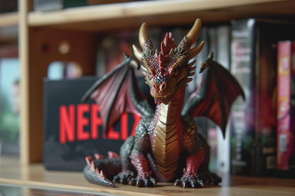 Une figurine de dragon détaillée aux couleurs rouge et noire est exposée sur une étagère en bois, devant une pancarte Netflix.