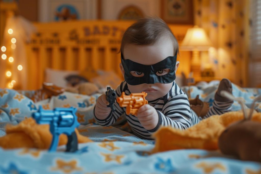 Un bébé portant un masque noir est allongé sur un lit, tenant des pistolets jouets, entouré de peluches et de draps à motifs d'étoiles dans une pièce chaleureusement éclairée.