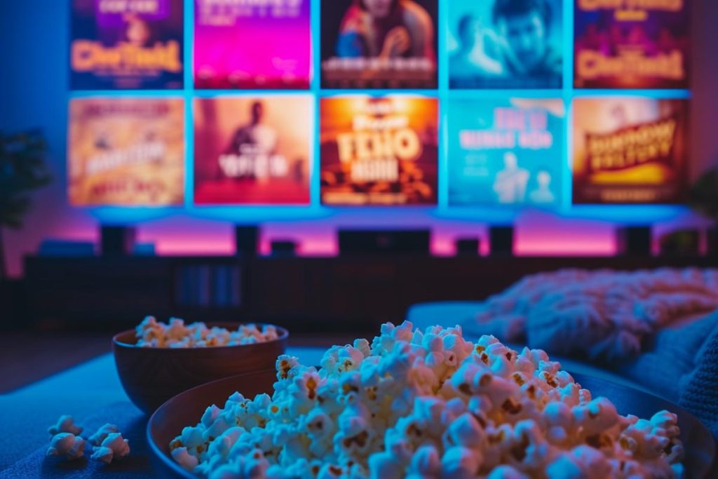 Deux bols de pop-corn sur une table devant un écran de télévision affichant une sélection de films ou d'émissions dans un décor de cinéma maison avec un éclairage ambiant coloré.