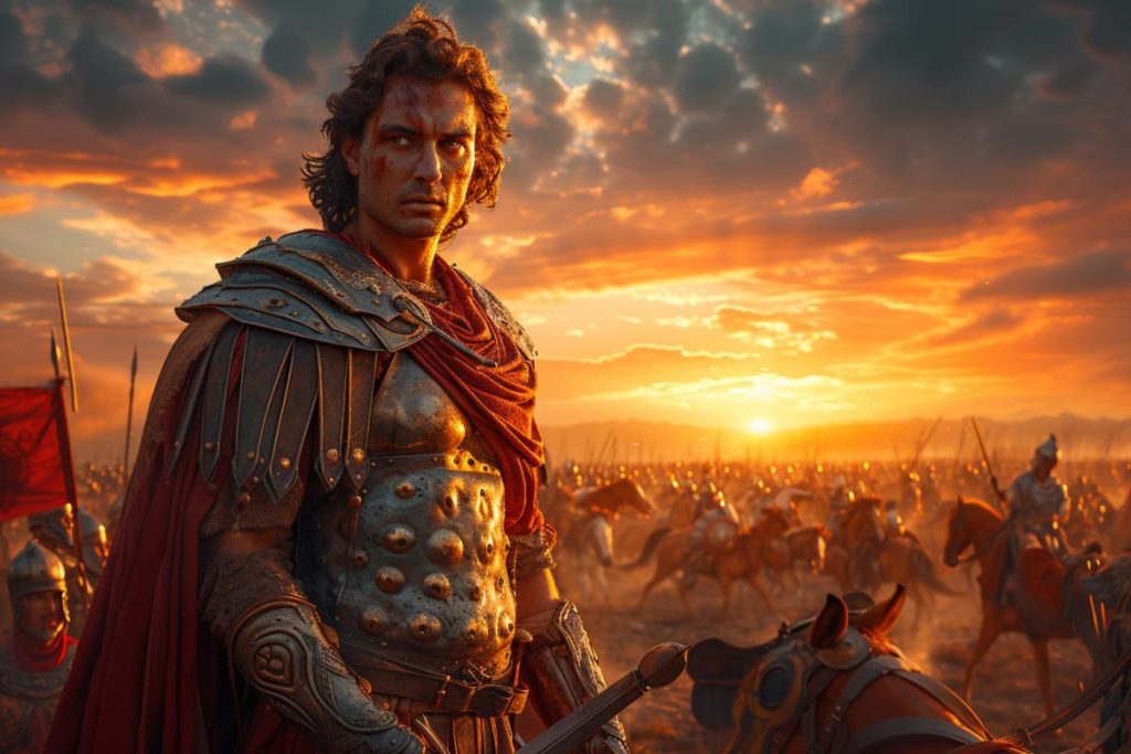 Un guerrier en armure se tient l'épée à la main contre un coucher de soleil, avec une grande armée en arrière-plan se préparant au combat.