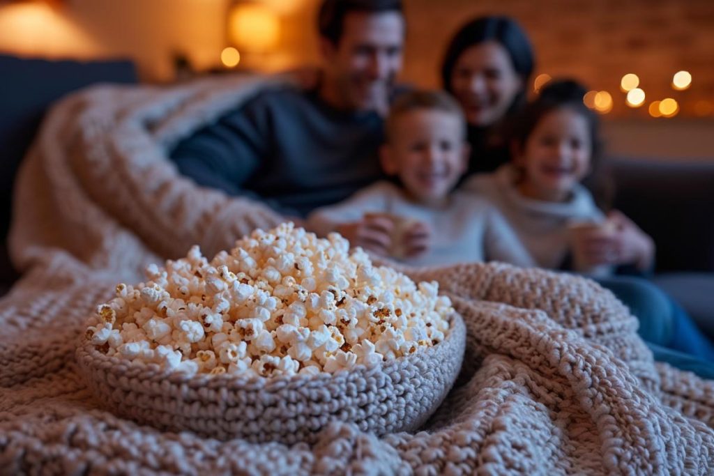 Une famille est assise sur un canapé sous une couverture avec un bol de pop-corn au premier plan.
