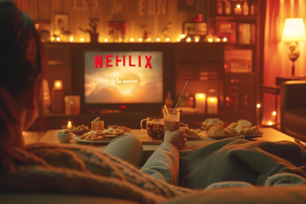 Personne assise sur un canapé regardant « Netflix » sur une télévision, entourée de bougies et de collations sur une table basse, créant une atmosphère chaleureuse.