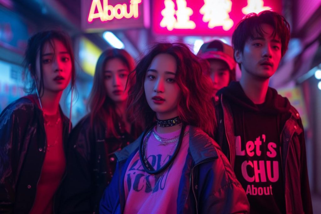 Un groupe de cinq jeunes adultes se tient sous des néons dans un décor urbain, avec des panneaux en arrière-plan. Ils portent des vêtements décontractés et tendance et ont des expressions sérieuses.
