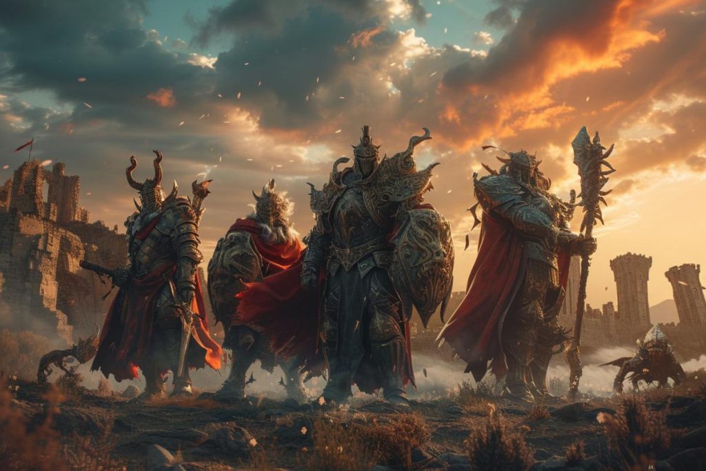 Un groupe de guerriers lourdement blindés et portant des capes rouges se tiennent prêts dans un paysage post-apocalyptique avec des ruines et un coucher de soleil spectaculaire.