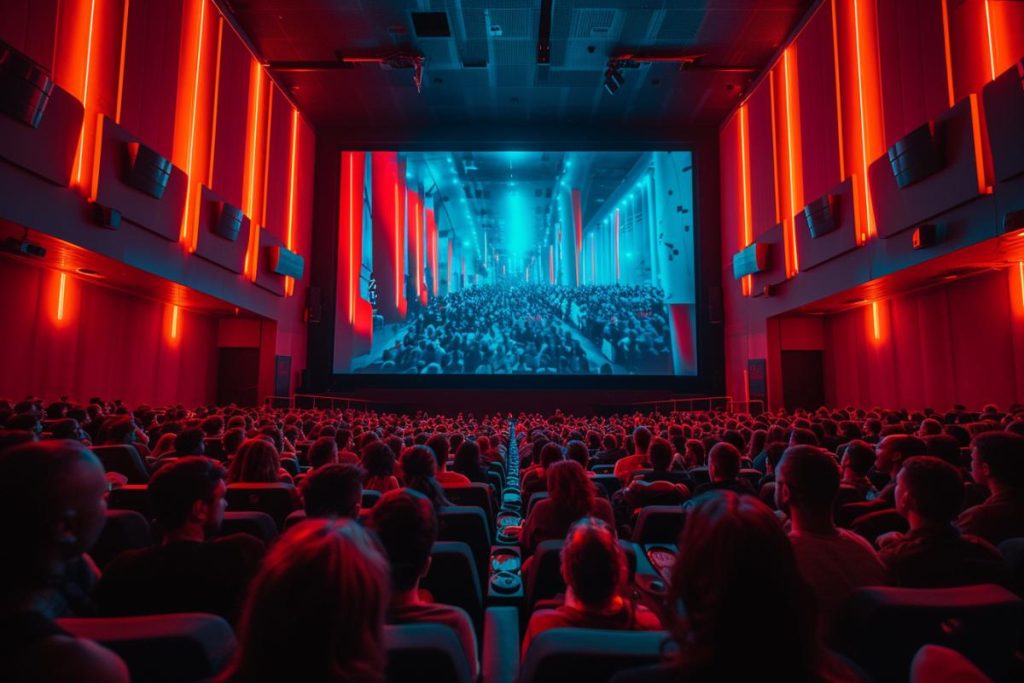 Un large public regarde un film dans un cinéma avec un éclairage rouge et bleu.