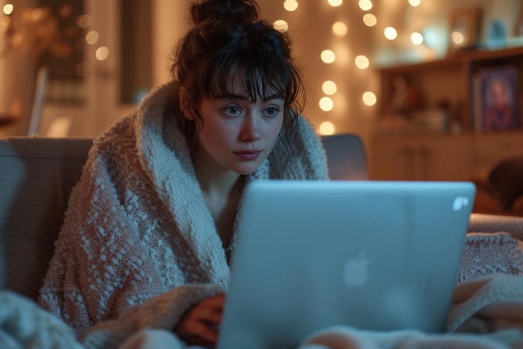 Une femme enveloppée dans une couverture douillette utilise intensément un ordinateur portable sur un canapé avec des guirlandes lumineuses chaudes en arrière-plan.