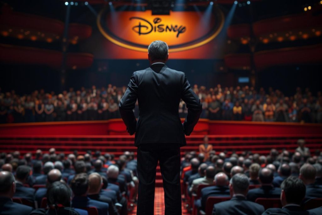 Une personne en costume se tient sur une scène face à un public dans un grand théâtre, avec « Disney » bien en évidence en arrière-plan.