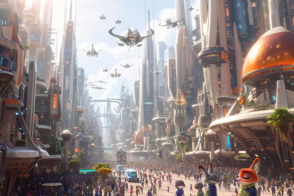 Une ville futuriste animée avec des gratte-ciel imposants, des véhicules volants et une rue bondée en contrebas. La scène comprend des animaux anthropomorphes au premier plan.
