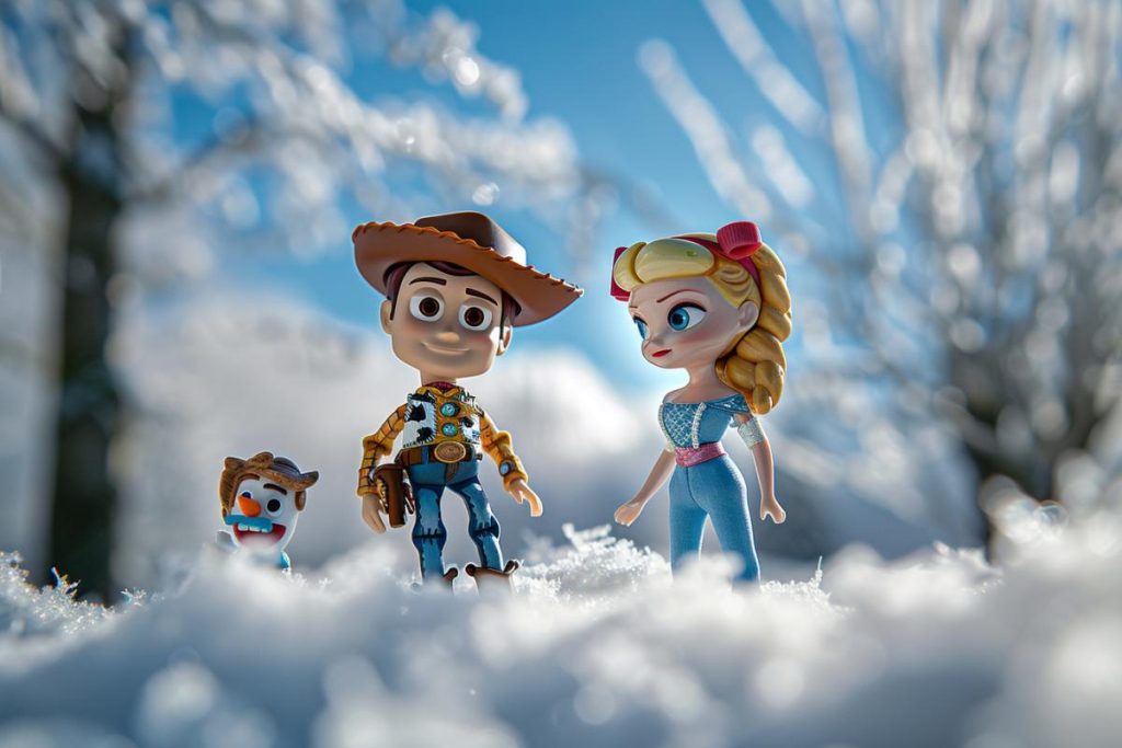 Figurines de Woody, Bo Peep et Forky de Toy Story debout dans la neige avec un fond hivernal.