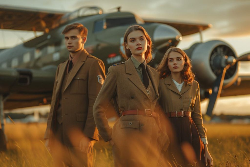 Trois individus en tenue militaire vintage se tiennent devant un vieil avion dans un champ au coucher du soleil.