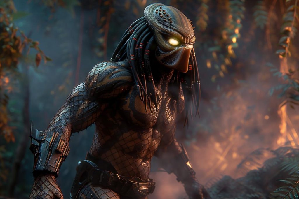Un extraterrestre masqué aux yeux brillants et aux appendices en forme de dreadlocks se tient dans une forêt brumeuse, éclairée par une douce lumière ambiante.