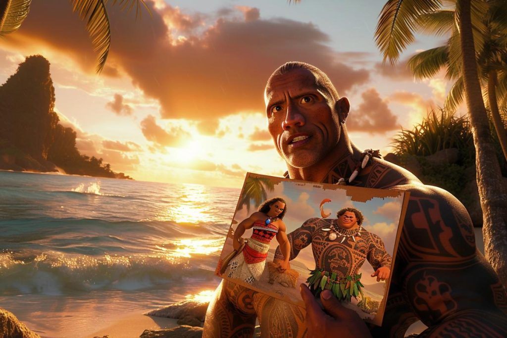 Un homme musclé et tatoué se tient sur une plage tropicale au coucher du soleil, tenant une photo de deux personnages du film Moana. Des palmiers et une colline rocheuse sont en arrière-plan.