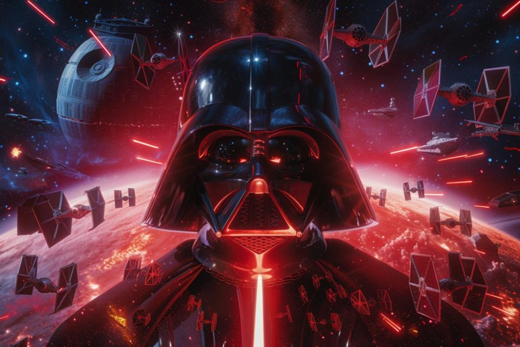 Une silhouette casquée sombre avec une épée rouge brillante se tient au milieu d'une bataille spatiale avec des chasseurs TIE, une étoile de la mort et des faisceaux laser en arrière-plan.