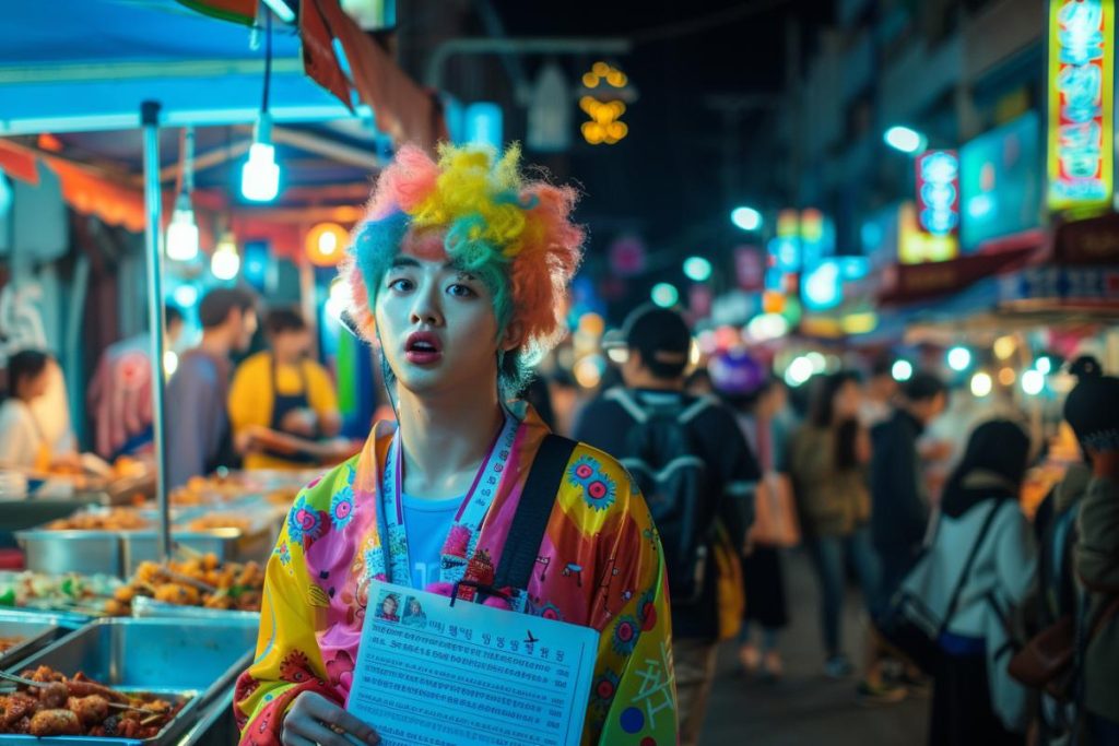 Une personne habillée en clown se tient dans un marché nocturne animé, tenant un journal et semblant surprise. Le marché est illuminé de lumières colorées et des stands de nourriture sont visibles en arrière-plan.