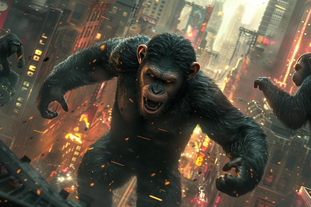 Un grand singe féroce rugit au milieu d’une scène urbaine chaotique avec des braises volant dans les airs, tandis que deux autres singes sont visibles en arrière-plan.