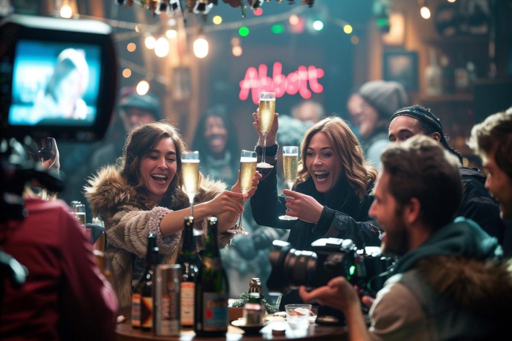 Les gens trinquent avec des boissons dans un cadre intérieur animé et décoré. Une équipe de tournage est présente et enregistre la scène.