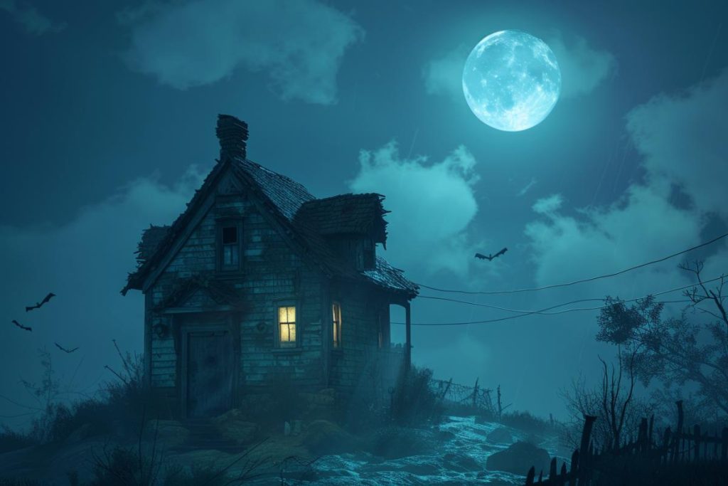 Une vieille maison délabrée avec une fenêtre éclairée se dresse sous la pleine lune. Les chauves-souris volent dans le ciel nocturne nuageux, créant une atmosphère étrange.