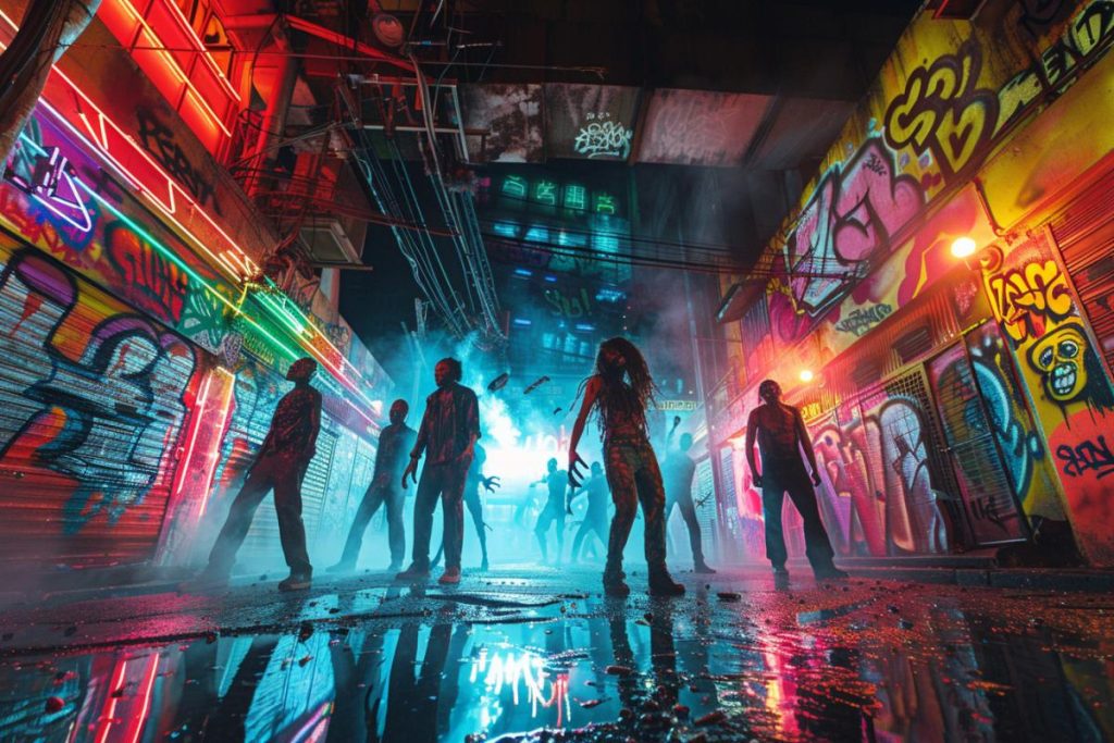 Un groupe de personnes vêtues de vêtements en lambeaux se tiennent dans une ruelle couverte de graffitis, éclairée par des néons colorés, avec du brouillard et des reflets sur le trottoir mouillé.