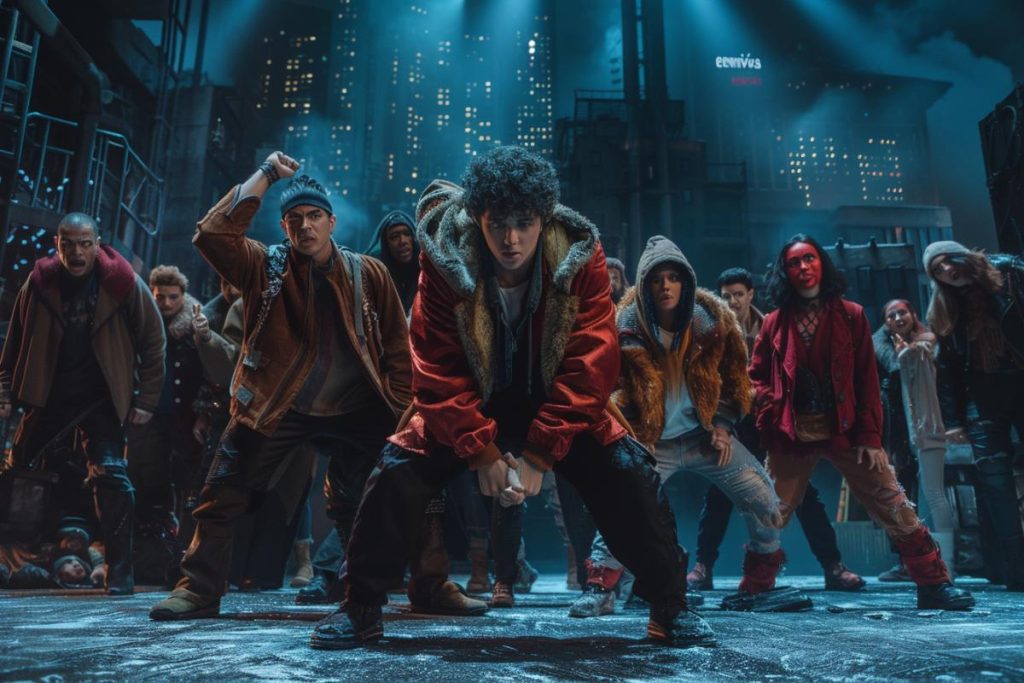 Un groupe de personnes en tenue urbaine posent la nuit dans un paysage urbain dramatique et faiblement éclairé, avec des bâtiments et des enseignes au néon en arrière-plan.