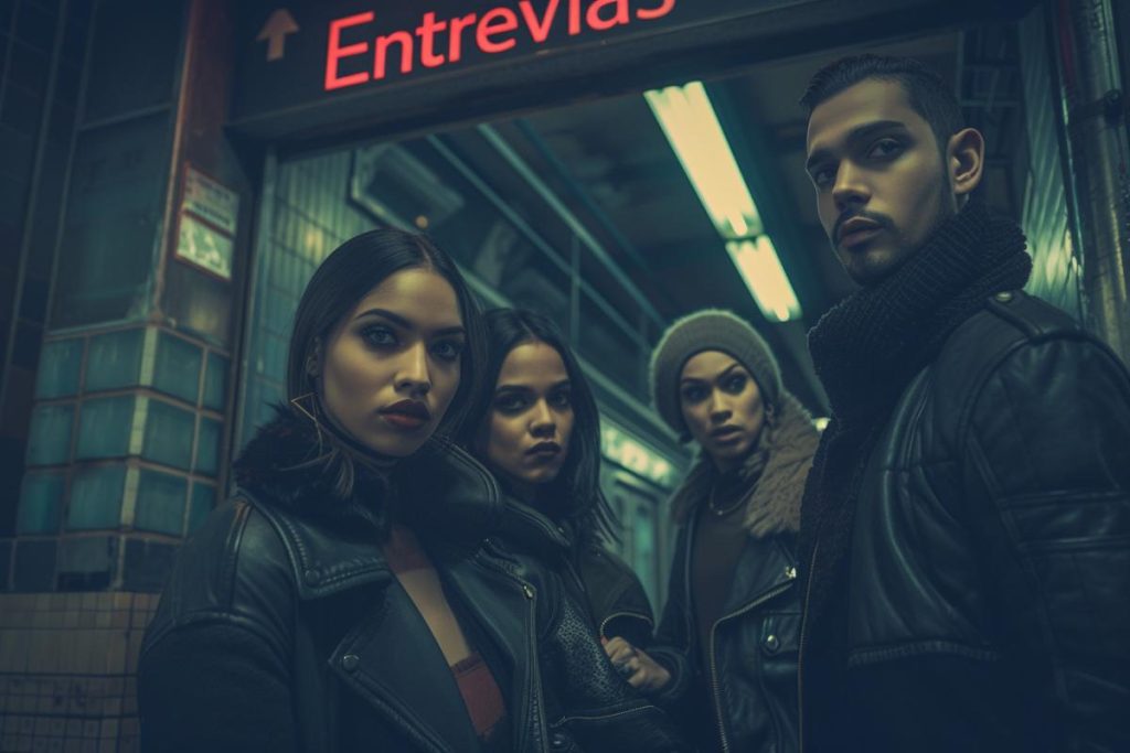 Quatre individus vêtus de vêtements sombres se tiennent devant un panneau lumineux indiquant « Entrevías » dans un cadre urbain faiblement éclairé.