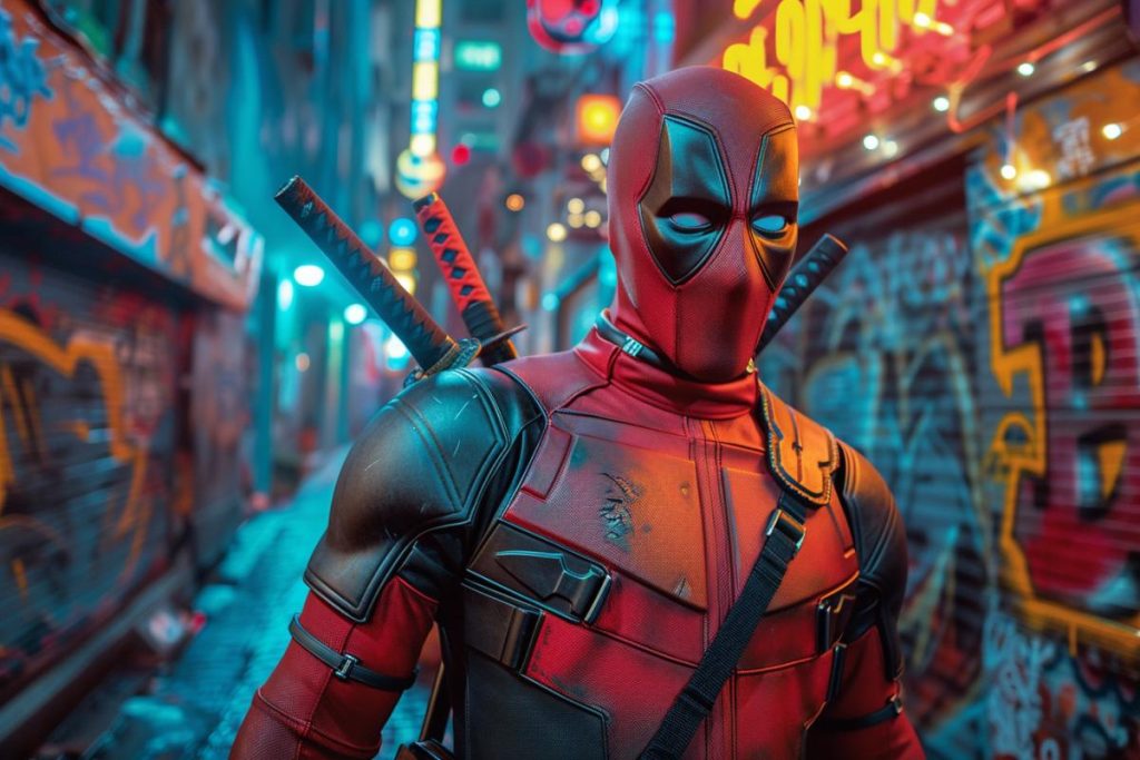 Une personne portant un costume de super-héros rouge et noir se tient dans une ruelle couverte de graffitis, éclairée par des néons colorés la nuit.