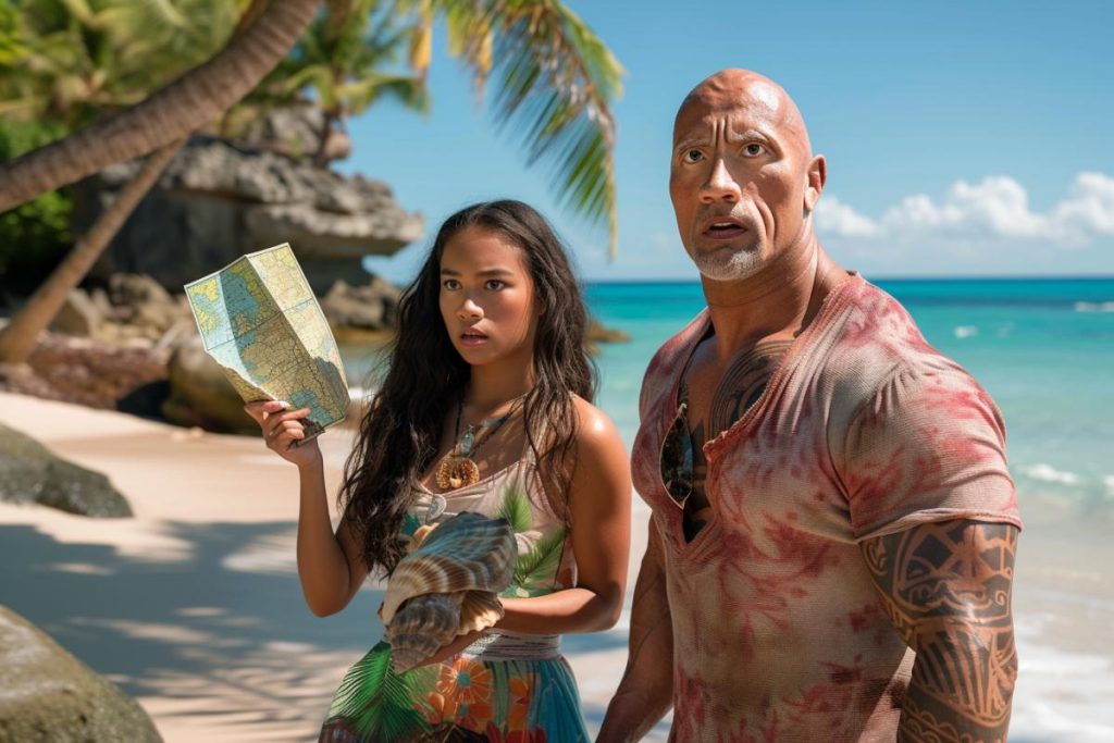 Deux personnes se tiennent sur une plage tropicale avec une carte et un coquillage. Une personne a l’air surprise, l’autre tient la carte et l’obus, regardant au loin. Les palmiers et l'océan bleu sont en arrière-plan.