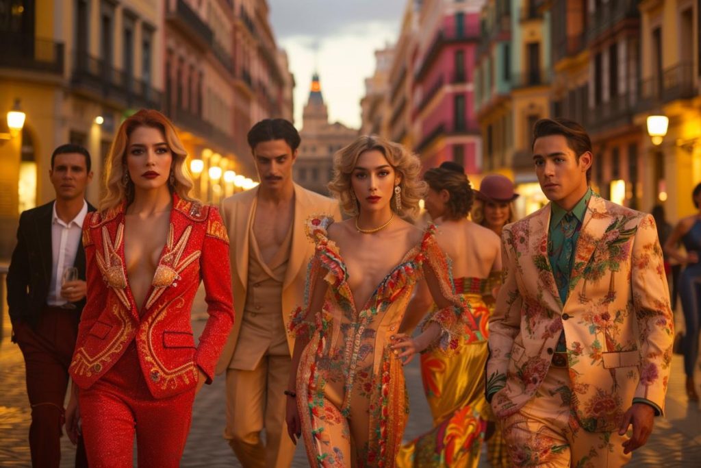 Un groupe de personnes élégamment habillées marchent dans une rue animée et colorée à l'architecture européenne au coucher du soleil. Les trois personnages centraux portent des costumes aux motifs complexes et des expressions confiantes.