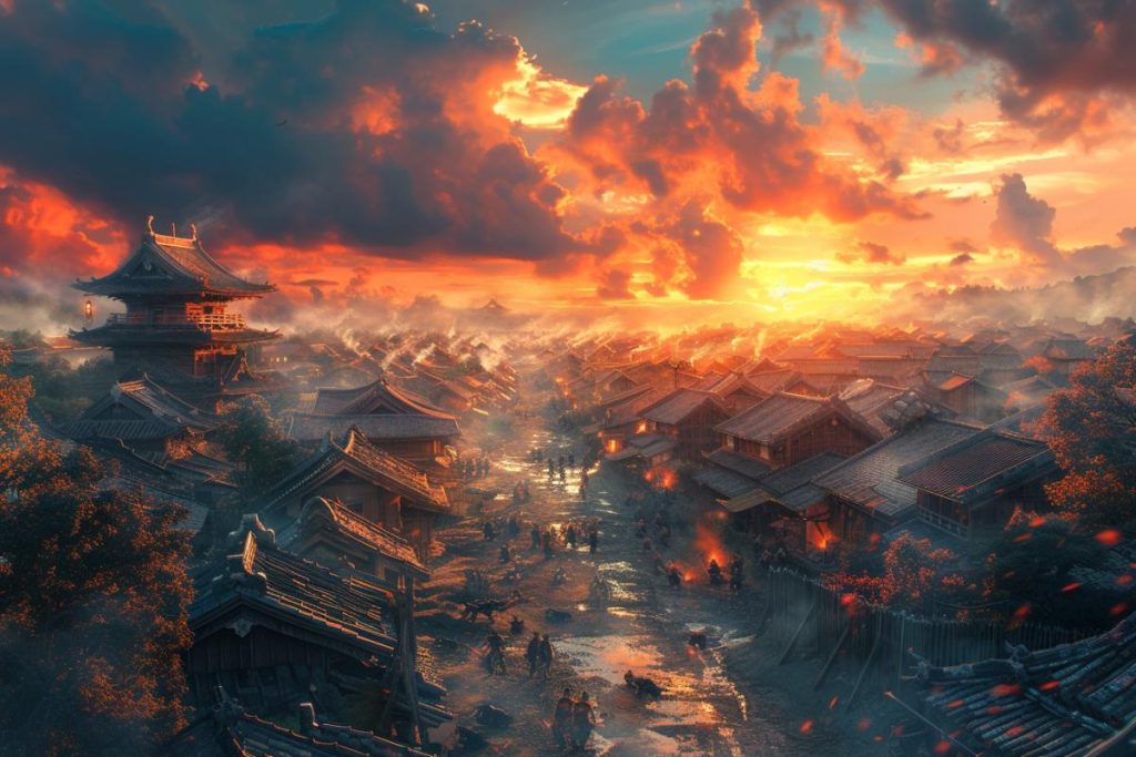 Un village animé à l'architecture traditionnelle est baigné dans la lueur chaleureuse d'un coucher de soleil spectaculaire, avec des nuages vibrants remplissant le ciel et des gens marchant le long de la rue centrale.