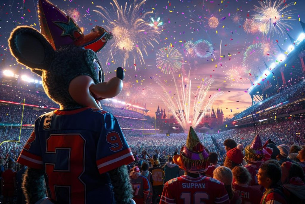 Une grande mascotte de souris avec un chapeau de fête se tient devant un stade bondé rempli de gens en maillots de sport, regardant un feu d'artifice.