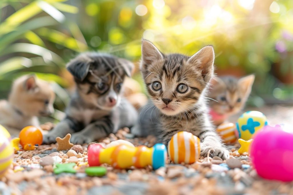 Quatre chatons jouent parmi des jouets colorés sur des galets avec un fond flou de verdure et de soleil.