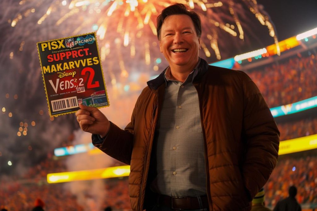 Un homme vêtu d'une veste marron sourit tout en brandissant une couverture de magazine colorée lors d'un événement avec un feu d'artifice en arrière-plan.