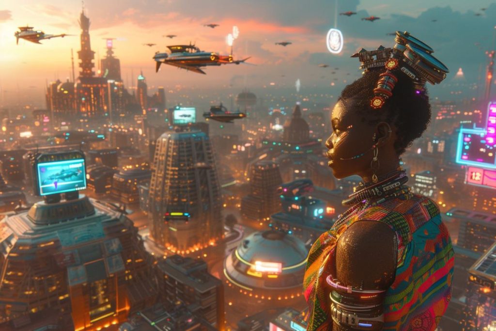 Un paysage urbain futuriste au coucher du soleil avec des véhicules volants et de grands immeubles. Une personne portant des vêtements colorés et des accessoires cybernétiques se tient au premier plan et regarde la ville.