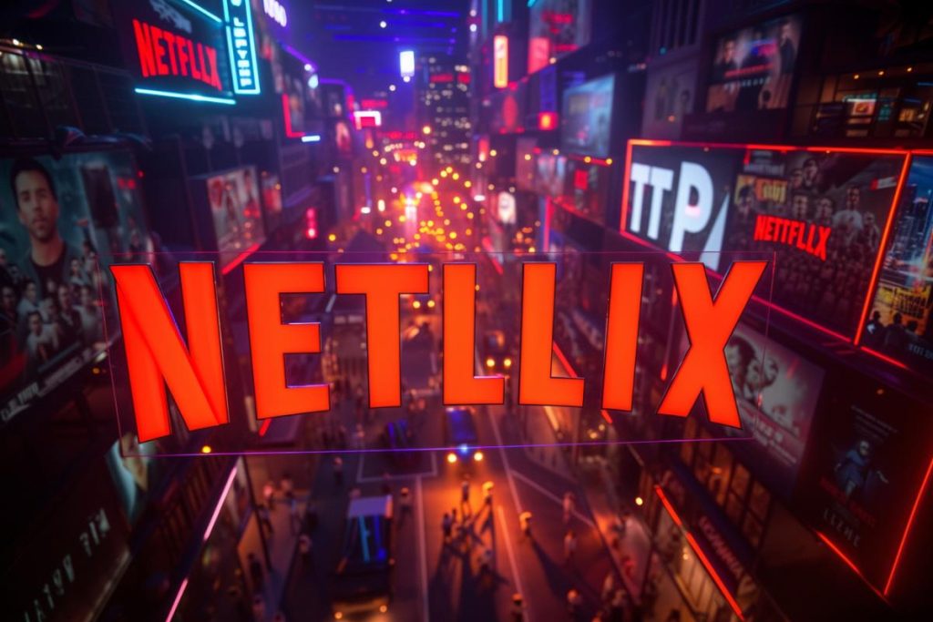 Un panneau lumineux « NETFLIX » est affiché bien en évidence au-dessus d'une rue animée et éclairée au néon, remplie de nombreux panneaux d'affichage et lumières numériques lumineux.