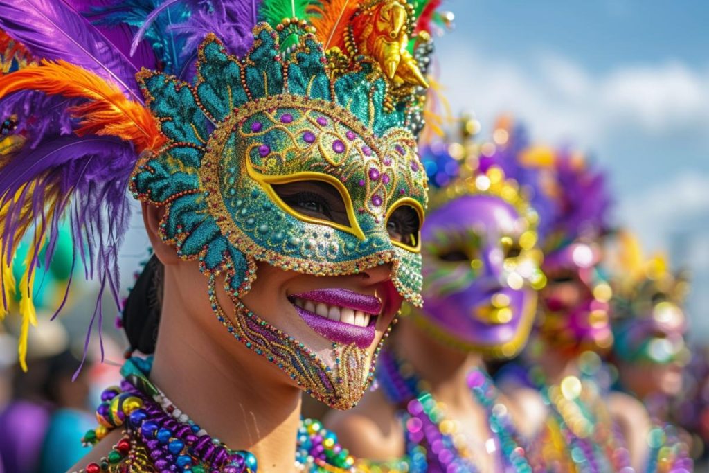 Des personnes portant des masques colorés et ornés et des colliers de perles participent à un événement festif sous un ciel dégagé.