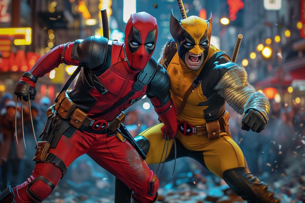 Deux personnages costumés, l'un en costume rouge et noir et l'autre en costume jaune et noir, les griffes étendues, se tiennent prêts à l'action dans une rue animée et éclairée.