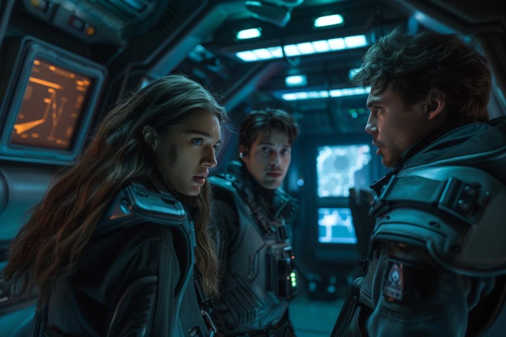 Trois personnes vêtues de costumes futuristes se tiennent dans une salle de contrôle high-tech faiblement éclairée. Des moniteurs affichant des données les entourent alors qu’ils s’engagent dans une discussion sérieuse.