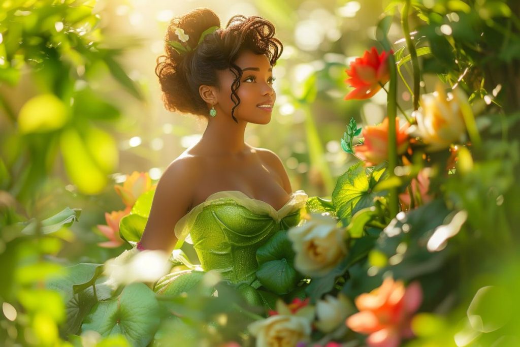 Une femme vêtue d’une robe verte en forme de feuille se tient au milieu de fleurs et de verdure éclatantes, avec la lumière du soleil filtrant à travers le feuillage.