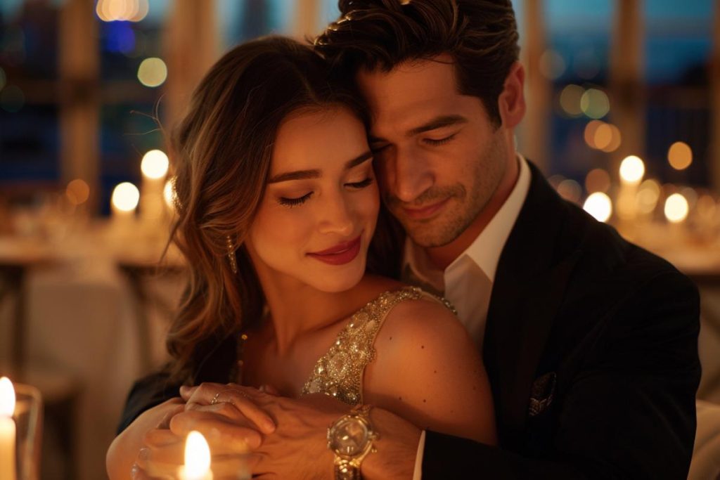 Un couple en tenue de soirée s'embrasse tendrement, les yeux fermés, entouré de bougies doucement allumées dans un décor faiblement éclairé.
