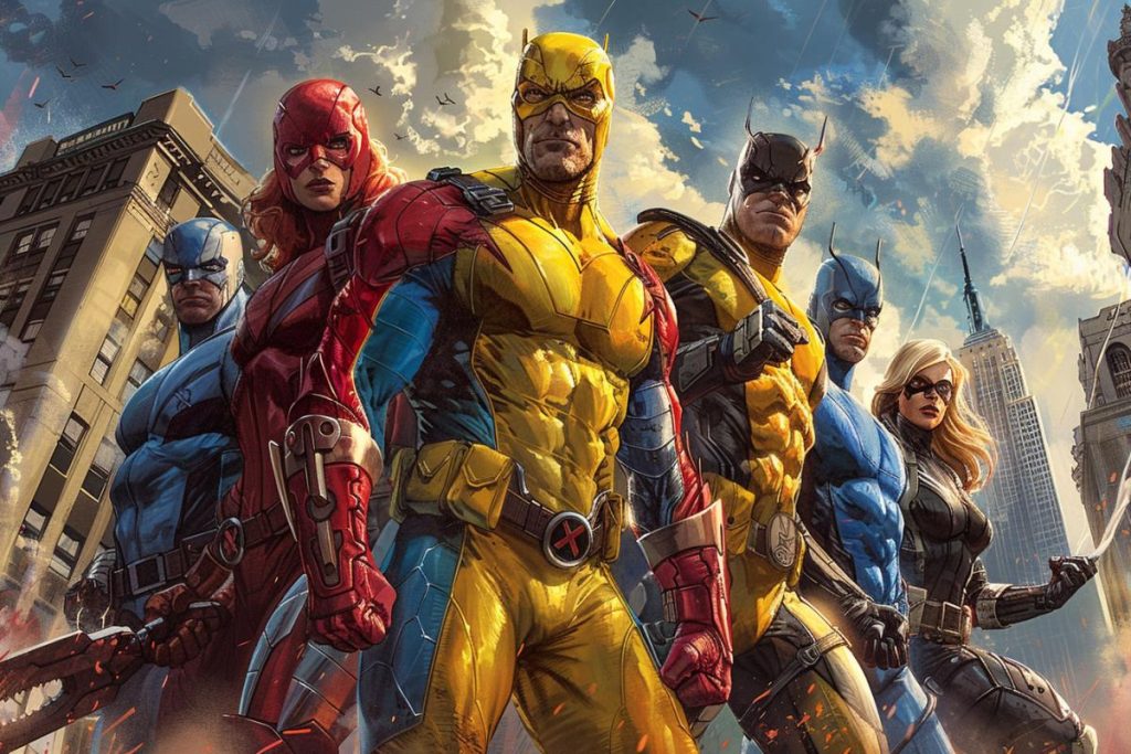 Cinq super-héros vêtus de costumes et de masques colorés se réunissent dans un décor urbain, prêts à l'action. Le ciel est partiellement nuageux et les bâtiments urbains sont visibles en arrière-plan.