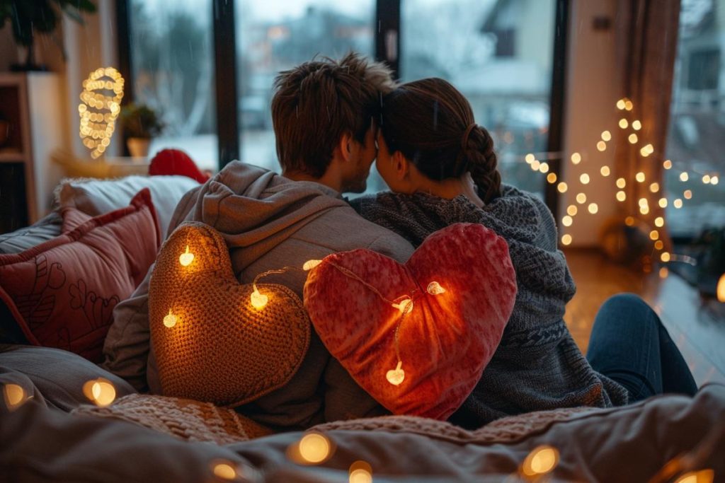 Deux personnes sont assises étroitement sur un canapé, entourées d'oreillers en forme de cœur et de guirlandes lumineuses, regardant par une grande fenêtre.