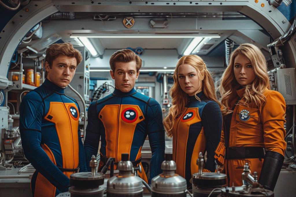 Quatre personnes en uniforme orange et bleu se tiennent dans une salle high-tech.