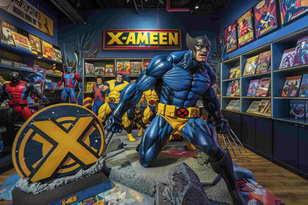 Une exposition de souvenirs X-Men mettant en vedette une grande statue de Wolverine dans une pose dynamique, entourée de bandes dessinées et de figurines d'action dans une boutique thématique.