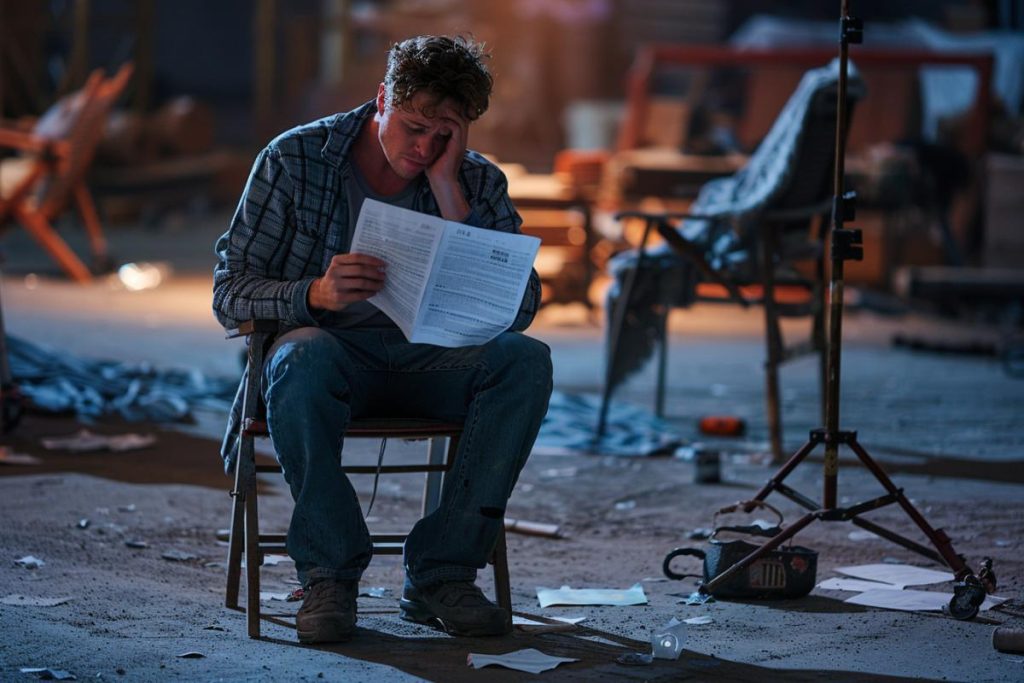 Un homme est assis dans un espace désorganisé, lisant des documents avec une expression inquiète. Il est vêtu de façon décontractée d'une chemise à carreaux et d'un jean, entouré de papiers et d'outils éparpillés.