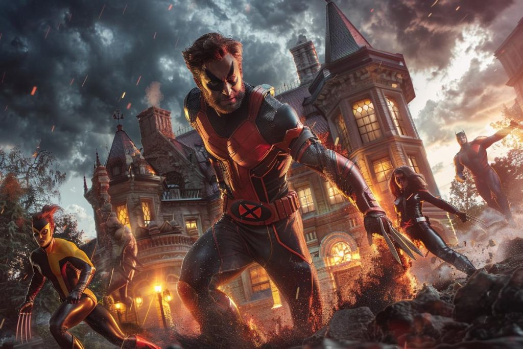 Une équipe de super-héros en action pose près d’un manoir gothique sous un ciel nuageux et dramatique.