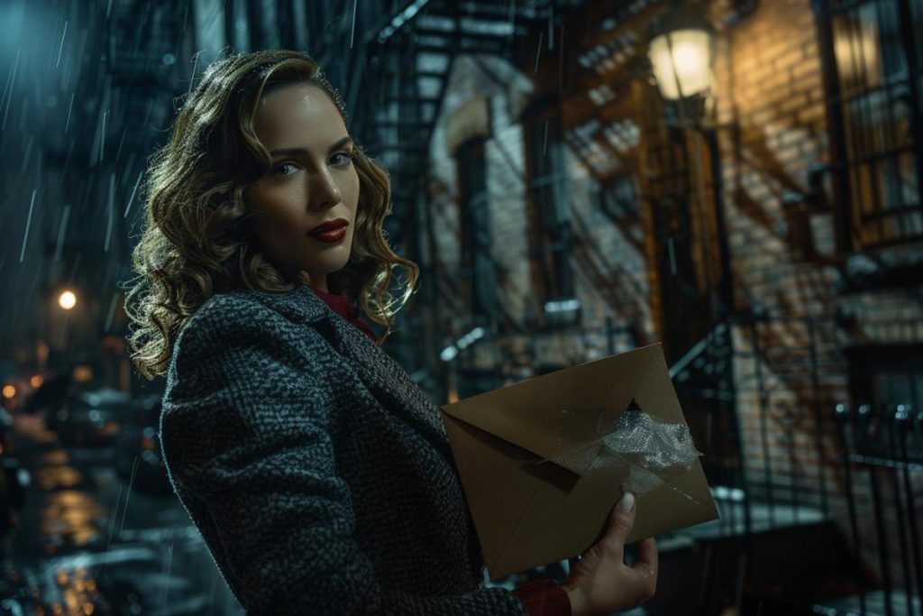 Une femme aux cheveux bouclés tient une lettre enveloppée dans une ruelle faiblement éclairée pendant qu’il pleut. Elle porte un manteau et regarde directement la caméra. Les lampadaires et les bâtiments en brique sont en arrière-plan.