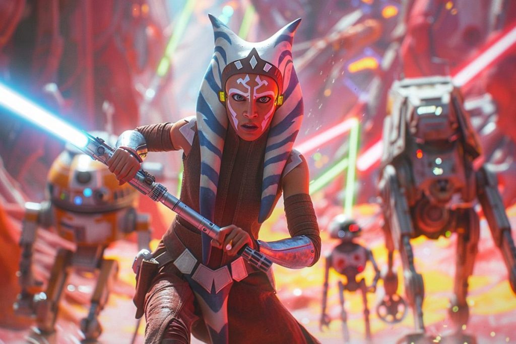 Un extraterrestre rayé bleu et blanc brandissant un sabre laser mène une charge avec des compagnons droïdes sur un champ de bataille extraterrestre animé.