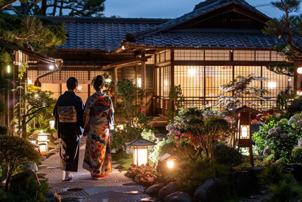 Le soir, deux personnes vêtues de vêtements traditionnels japonais se promènent dans une allée de jardin magnifiquement éclairée et s'approchent d'un bâtiment de style traditionnel.