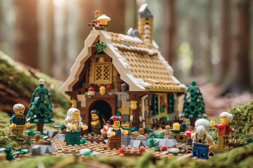 Un ensemble LEGO représente une maison forestière avec des figurines se livrant à des activités à l'extérieur, entourées d'arbres et de champignons.