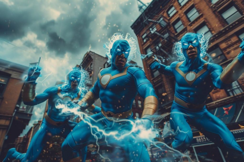 Trois individus vêtus de costumes de super-héros bleus avec des effets d'éclair se tiennent prêts dans un décor urbain avec des bâtiments en brique.