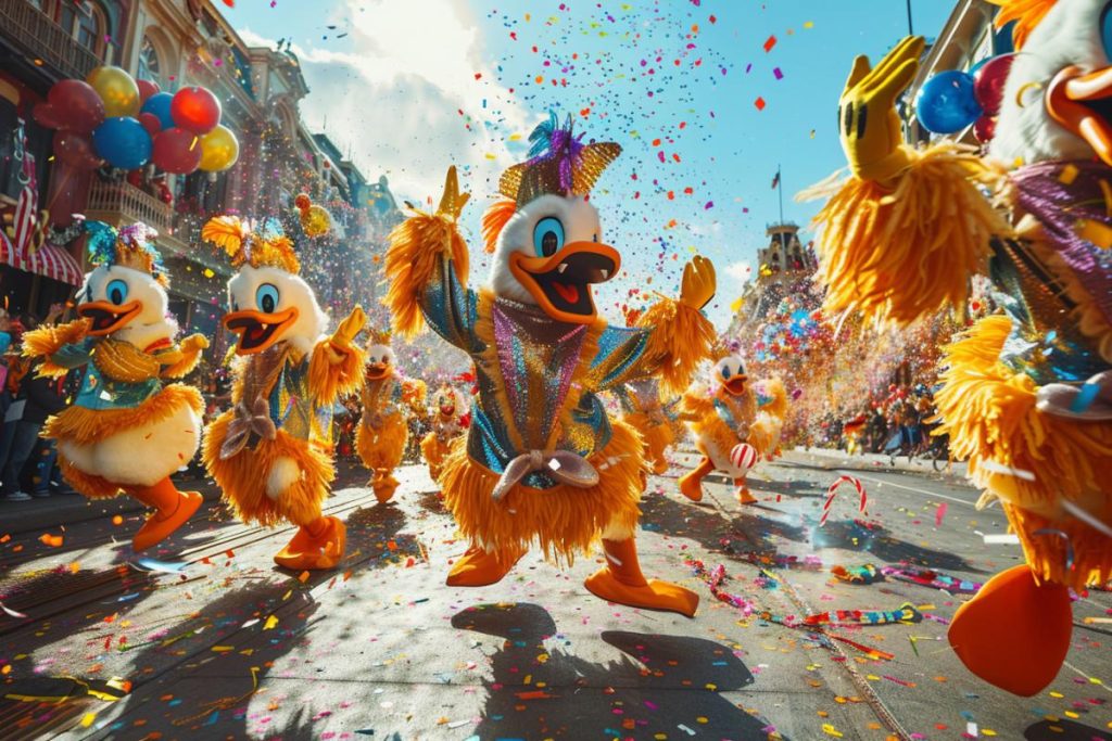 Un groupe de personnes en costumes de canard fait la fête lors d'un défilé de rue rempli de confettis, de ballons et d'une foule enthousiaste.